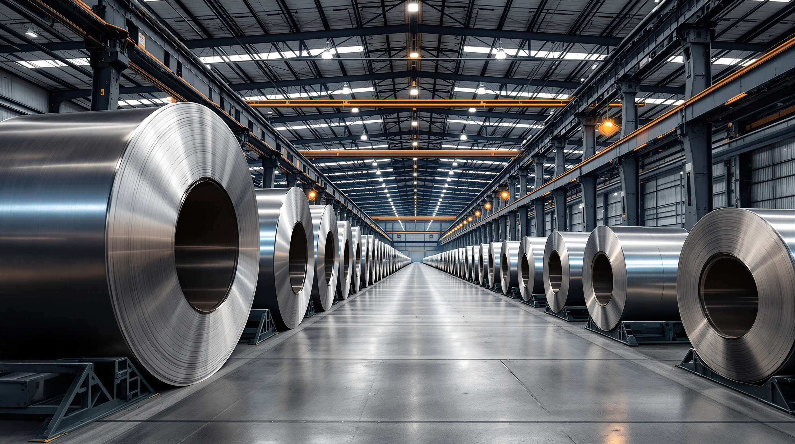 Merit Steel USA warehouse with rows of flat-rolled steel coils