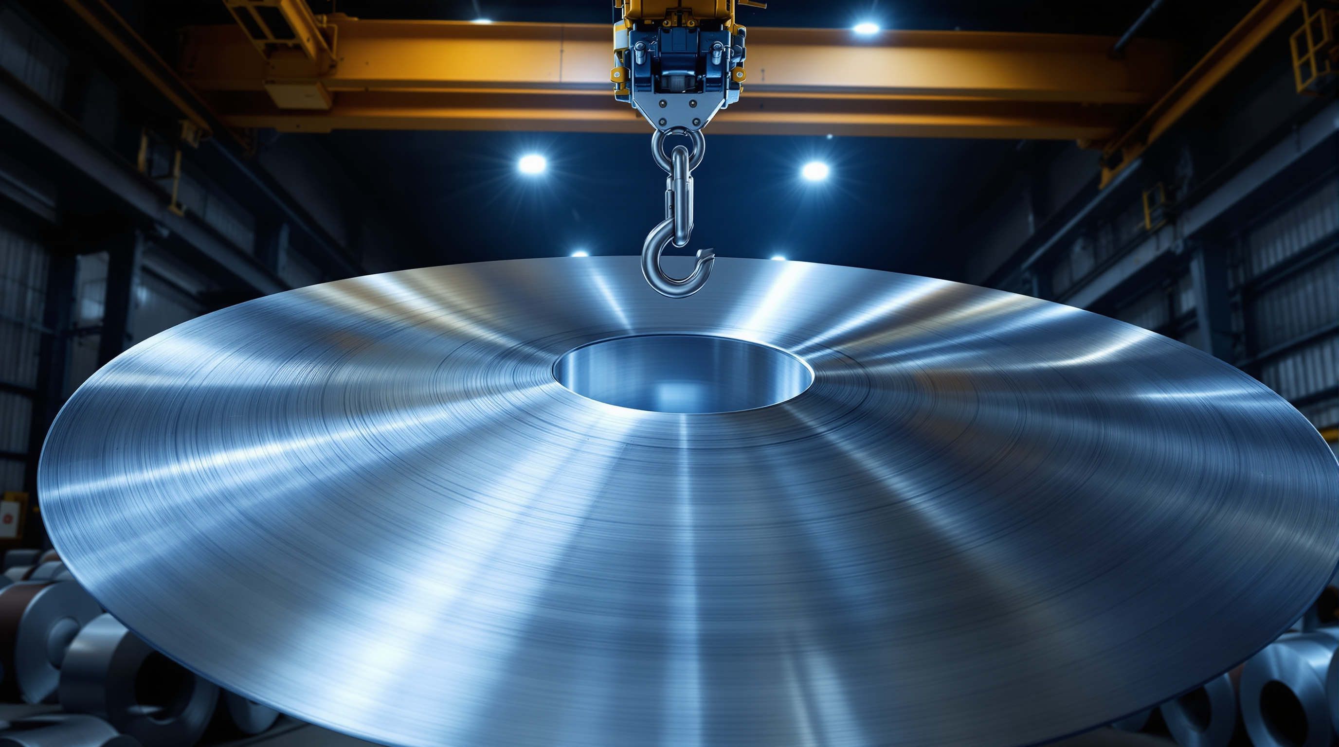 Steel coil handling by overhead crane in Merit Steel USA warehouse