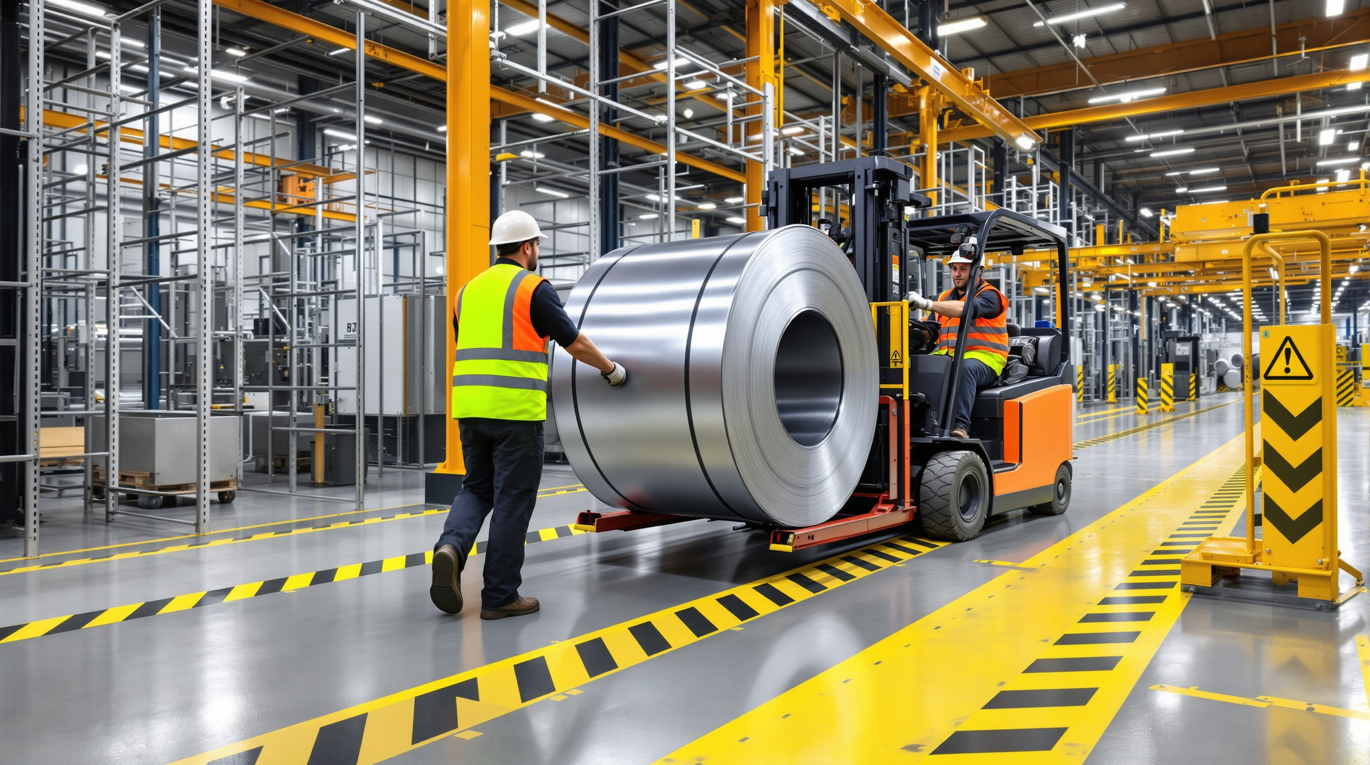 Forklift handling steel coils in Merit Steel USA facility