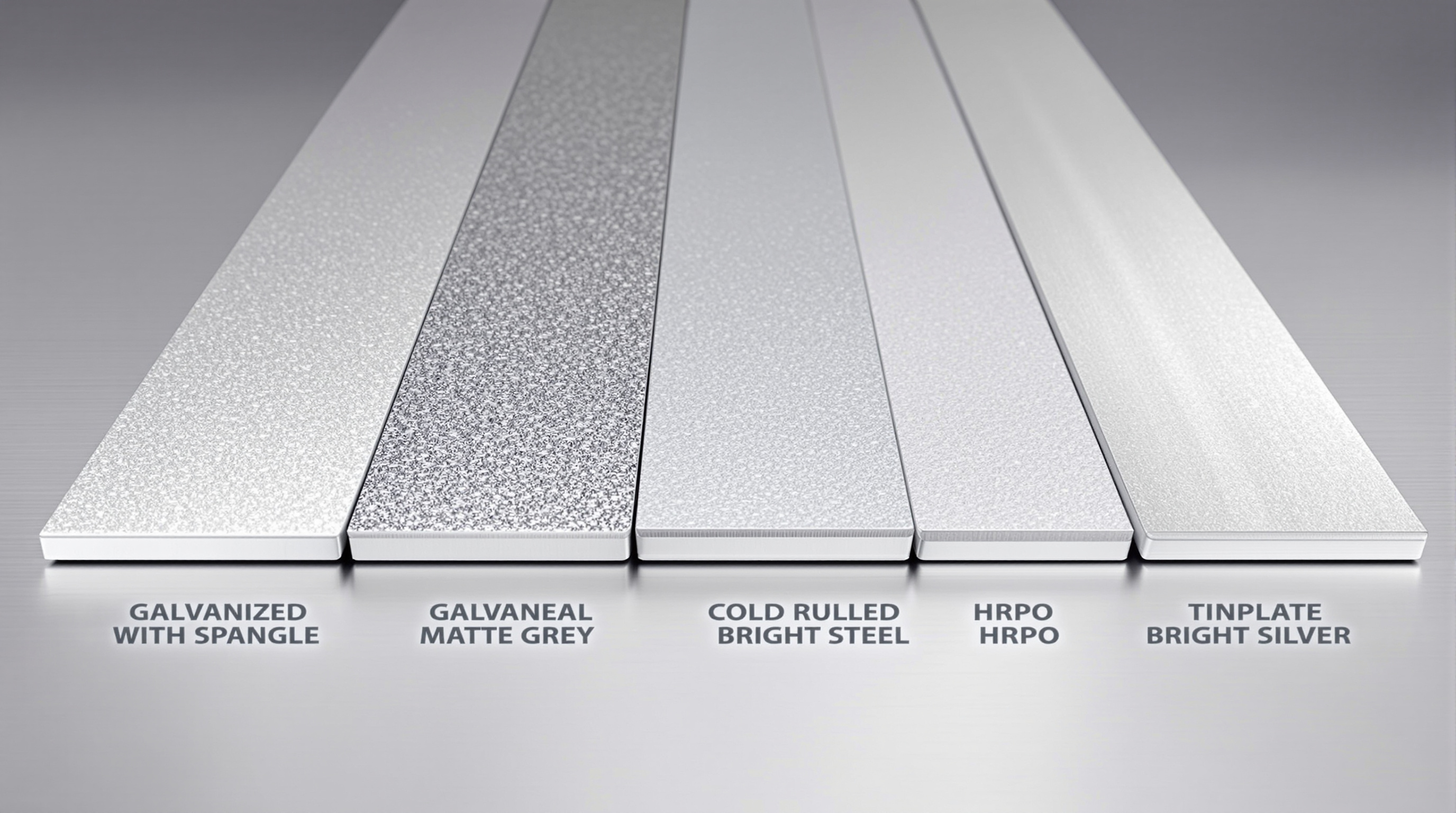 Flat-rolled steel product comparison — galvanized, galvaneal, cold rolled, HRPO, tinplate surface finishes
